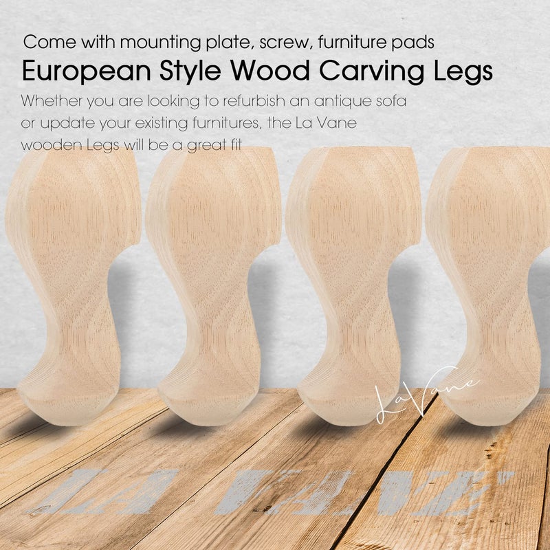 La Vane 4 inch / 10cm Wooden Furniture Legs  Set of 4 European Style Solid Wood Carving Furniture Replacement Feet Decoration for Sofa Cabinet Wardrobe Table Loveseat - Image 2